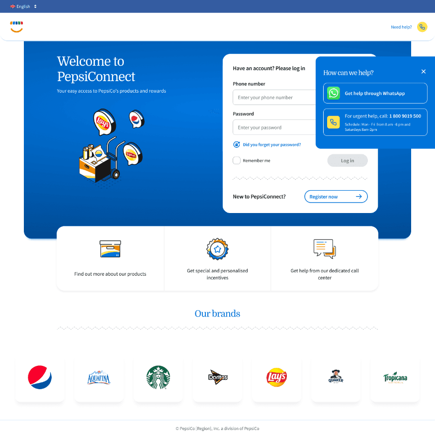 PepsiConnect WhatsApp support flow showing self-serve paths designed for the channel customers already used