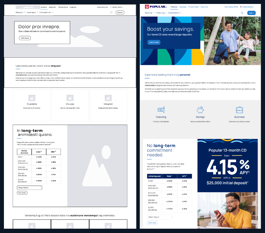 Wireframe-to-final comparison for Popular Bank's checking account and CD promo modules