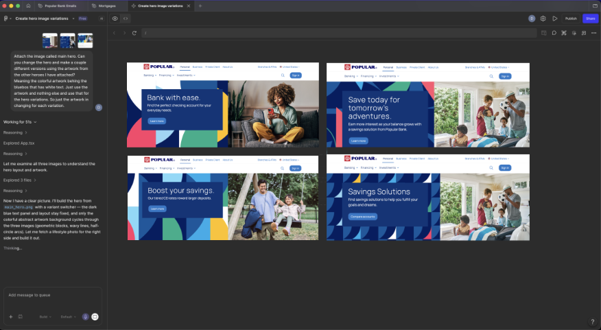 Figma Make used for rapid layout variation and multi-language mockups on the Popular Bank project